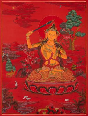 Manjushree Bodhisattva Thangka with Red Background|Traditional Buddhist Art Of Deity Of Wisdom
